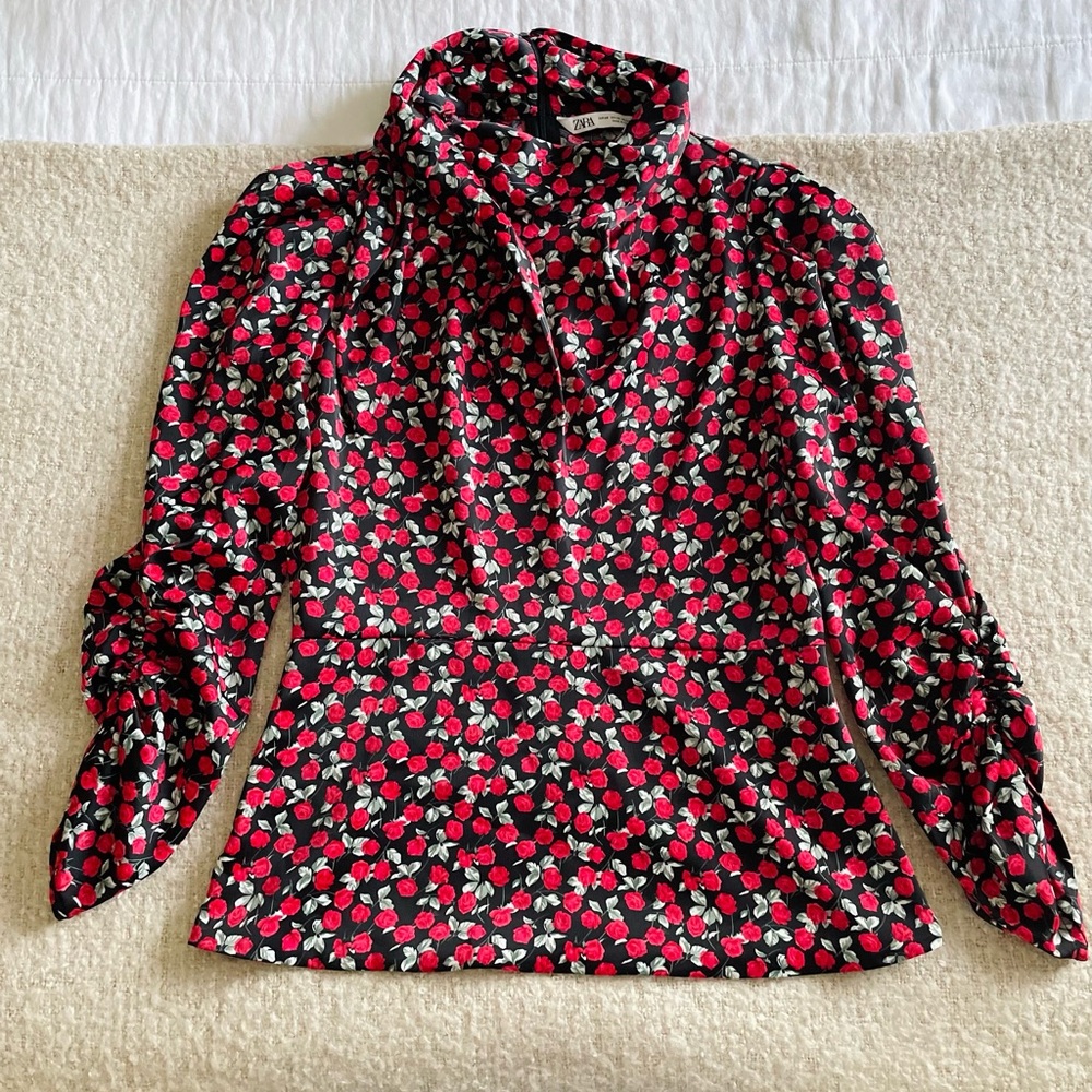 Zara Satin Rose Floral Print Blouse